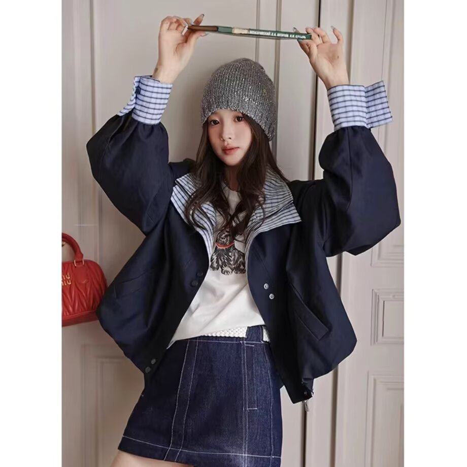 美式复古格纹拼接假两件棒球服外套女学生春季高级感宽松工装夹克