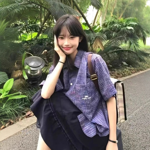女宽松百搭显瘦情侣衬衣蓝色格纹男友风格 衬衫 子上衣 外穿短袖 夏季