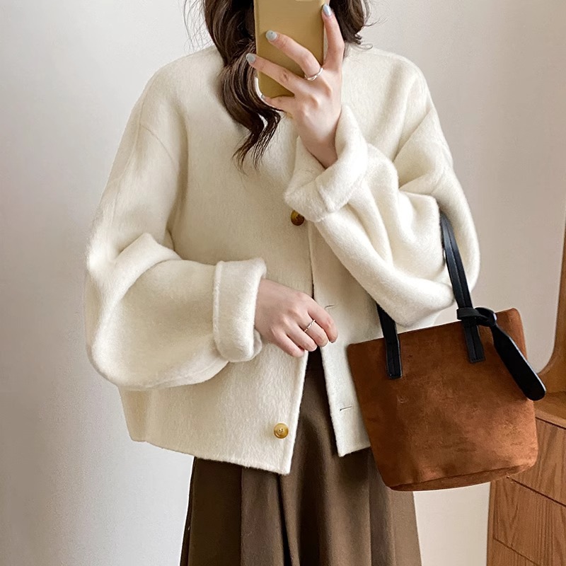 新款双面羊毛大衣短款小个子大袖子廓版加厚羊绒双面长毛保暖外套