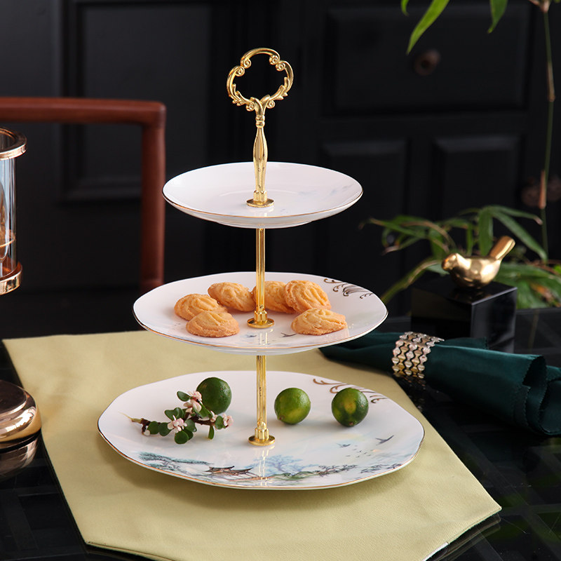 新中式水果盘下午茶骨瓷双层点心盘蛋糕盘中国风甜品台零食糖果盘