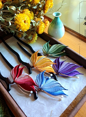 永安不停手作缠花蝶簪 渐变蝴蝶发钗 古风黑檀弯木簪汉服旗袍头饰