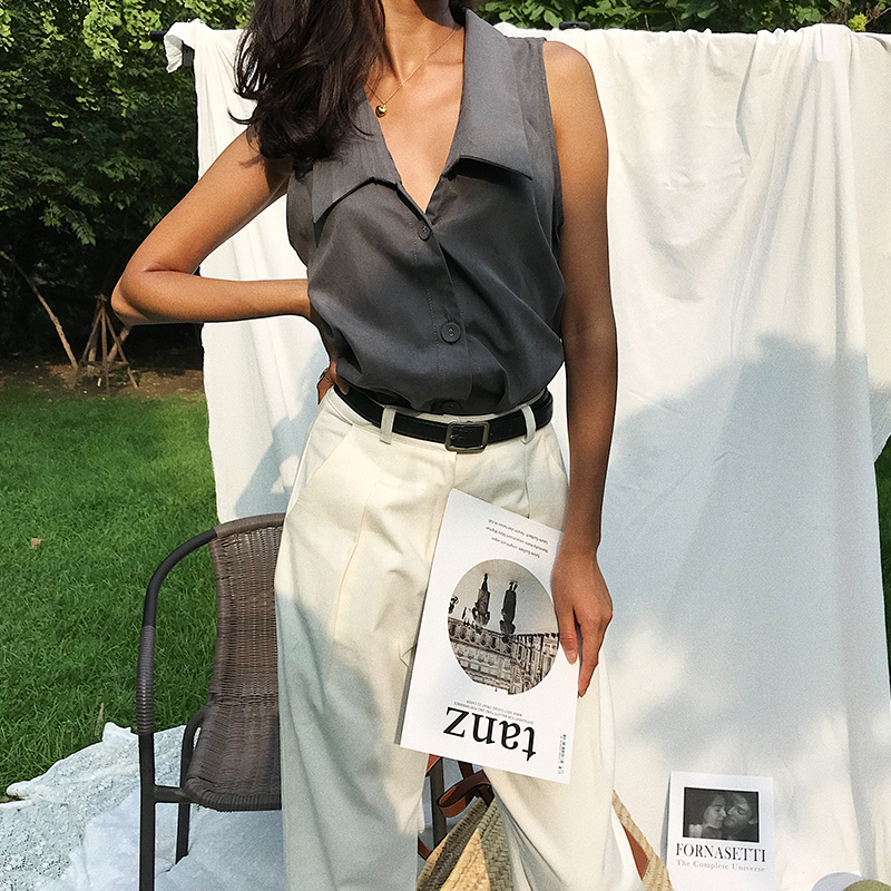 NDZ 2018新款通勤摩登OL灰色翻領無袖襯衫背心上衣西裝女夏look