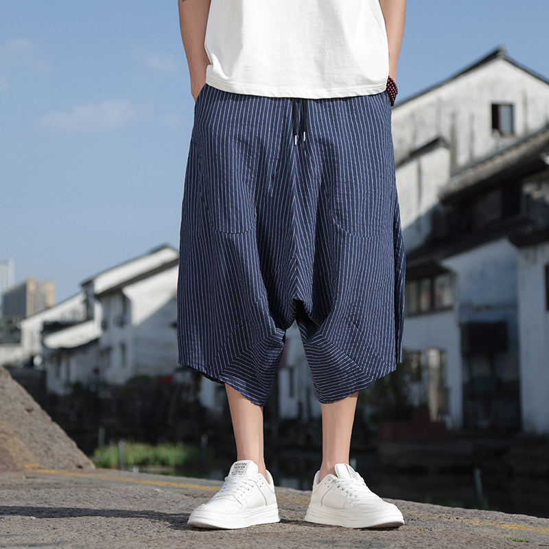 风七分裤男夏季条纹阔腿灯笼裤宽松休闲大裆裤子219-WK03-P45,男装牛仔裤,星座219