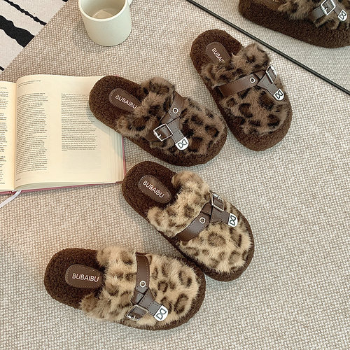 秋冬新款8829半包豹纹居家棉拖鞋外穿时尚网红毛毛拖鞋女鞋