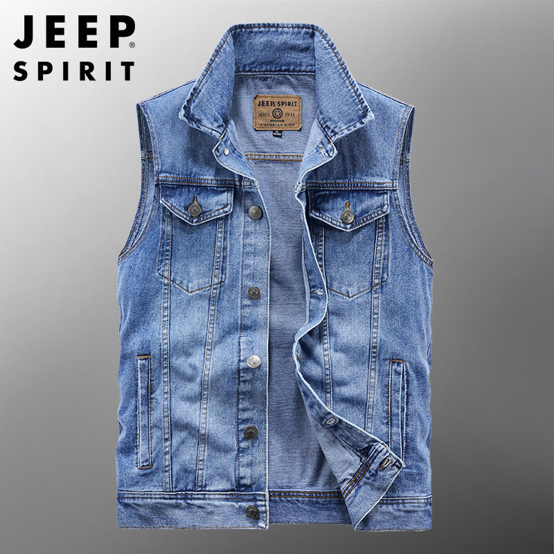 JEEP SPIRIT背心马甲男春秋季潮流大码宽松牛仔坎肩夹克
