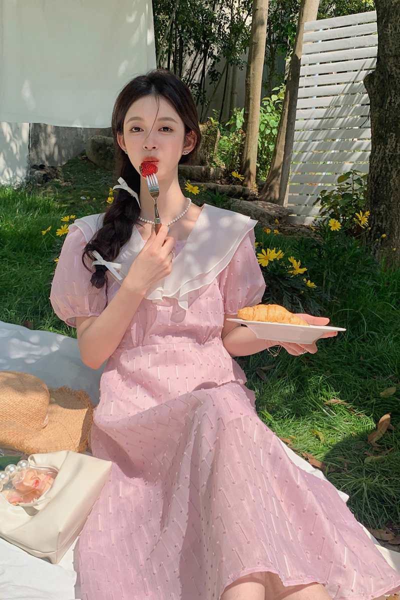 2024新款现货双层叠领撞色高定刺绣A字版连衣裙212A-619-P115-165,女装连衣裙,浙宝212A
