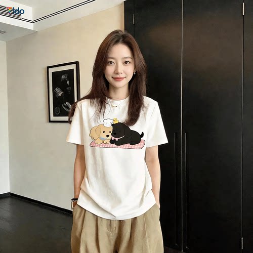 韩版圆领可爱韩式休闲风卡通印花短袖T恤女白色宽松纯棉上衣夏26