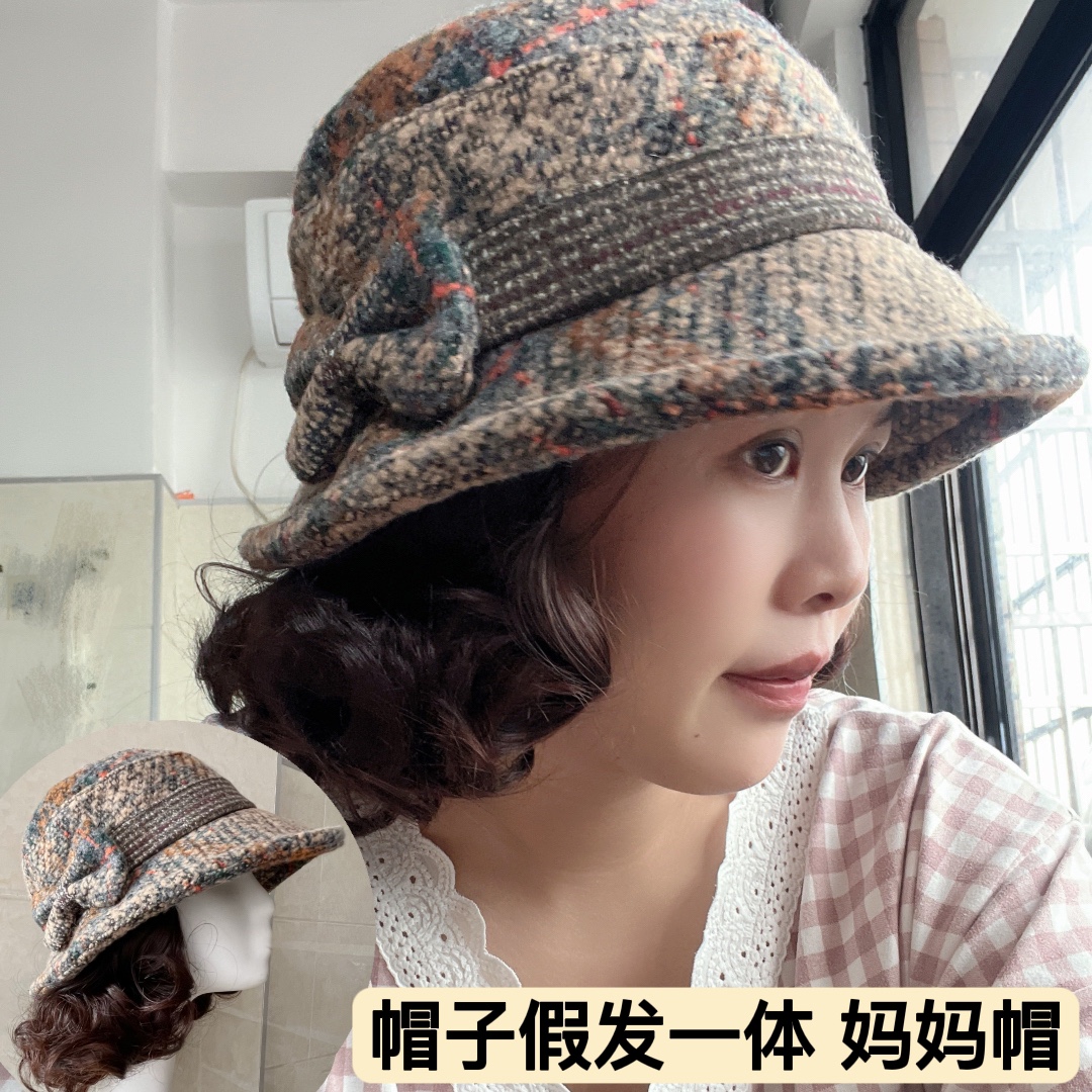 中老年妈妈帽子假发一体短卷发