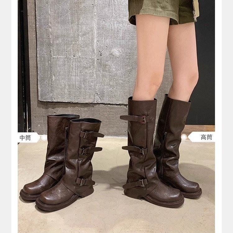 骑士靴女款黑色英伦风粗跟厚底靴子2025新款秋季小个子增高裤管靴