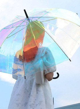 炫彩伞镭射加固抗风加大可爱家用长柄网红结实耐用透明雨伞手动款