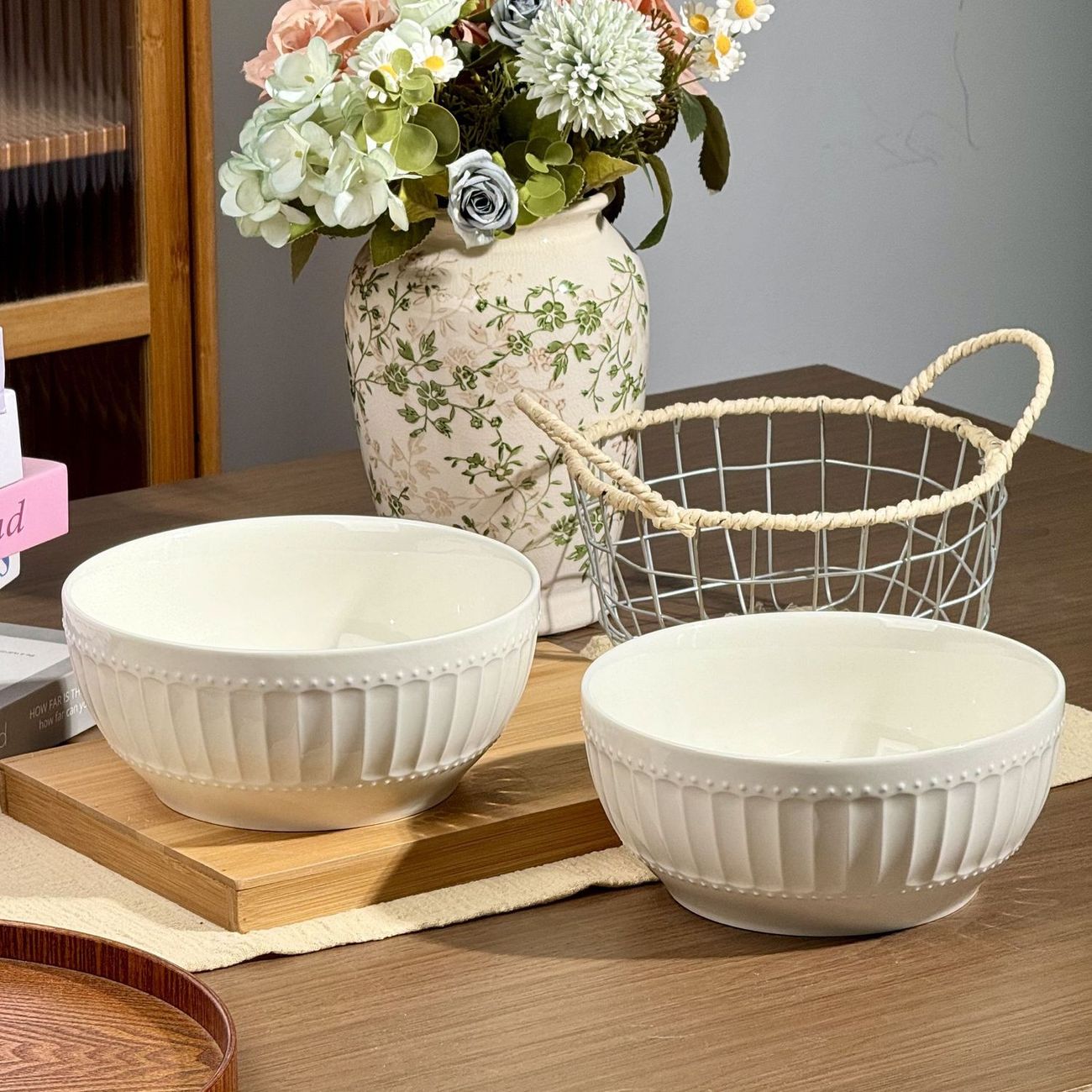 法式纯白珠点浮雕食品级大汤碗图片