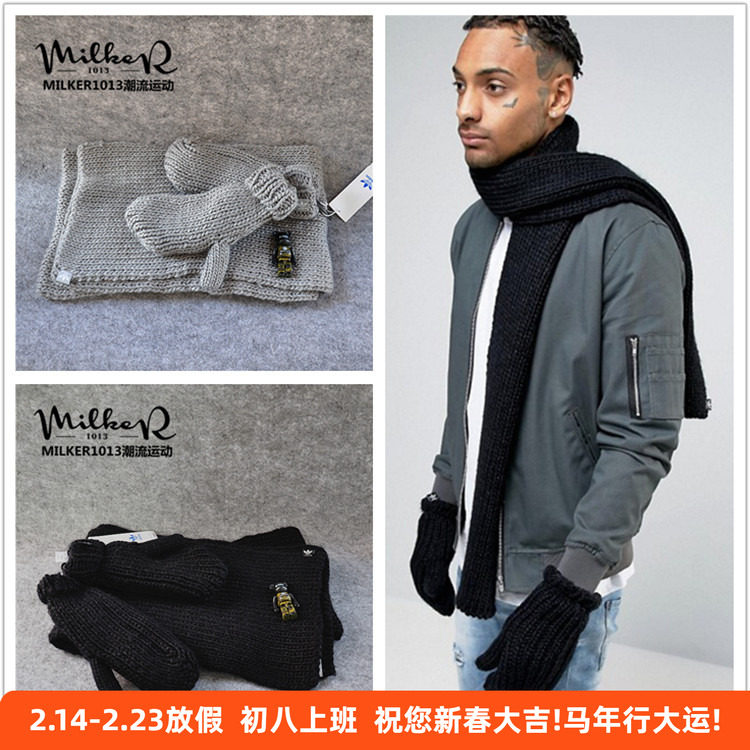 ADIDAS三叶草针织加绒手套不分指黑色男女同款送女友小礼物M30695