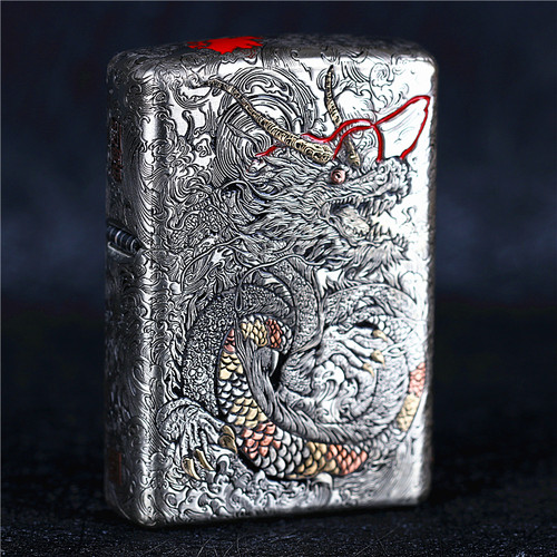 zippo芝宝煤油防风打火机错金银五面雕刻鱼化龙铠甲机 金箔限量版