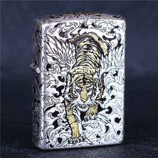 zippo芝宝煤油防风打火机 错金银五面雕刻如虎添翼盔甲机 限量版