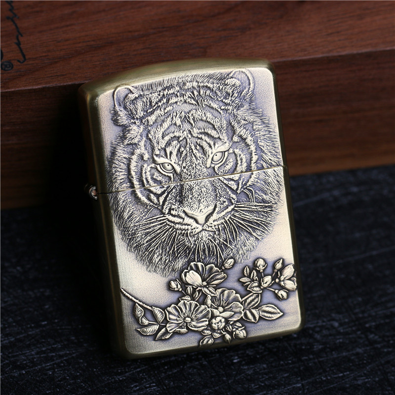zippo芝宝防风打火机纯铜盔甲机鬼王双面浮雕刻老虎父子 父亲礼物