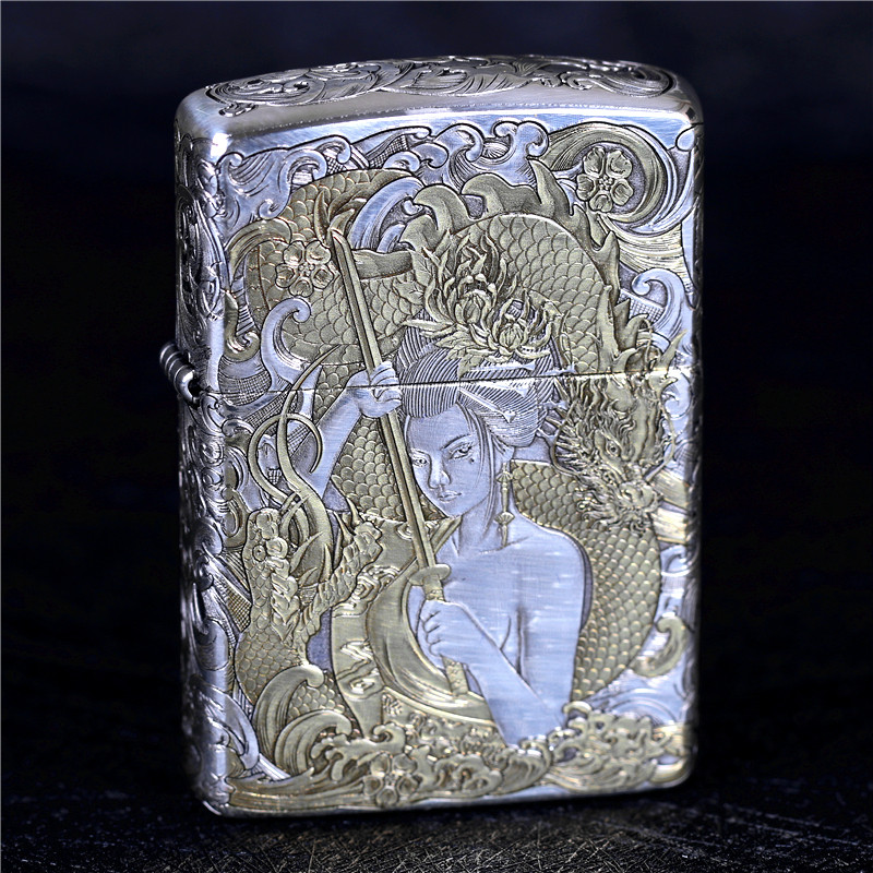 zippo芝宝煤油防风打火机 盔甲机 错金镀银五面雕刻 武士龙女艺伎