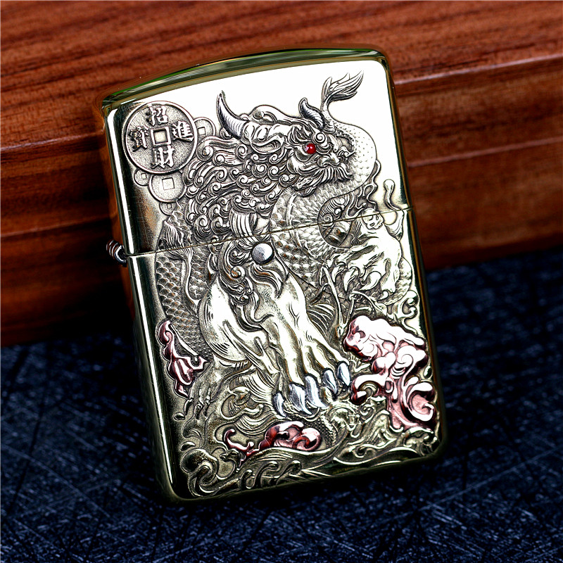 zippo芝宝防风打火机纯铜盔甲机鬼王双面浮雕刻唐狮镇蛟 男士礼物