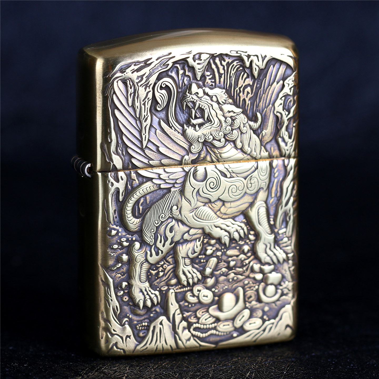 zippo芝宝防风打火机纯铜盔甲鬼王双面雕刻貔貅 男朋友礼物送长辈