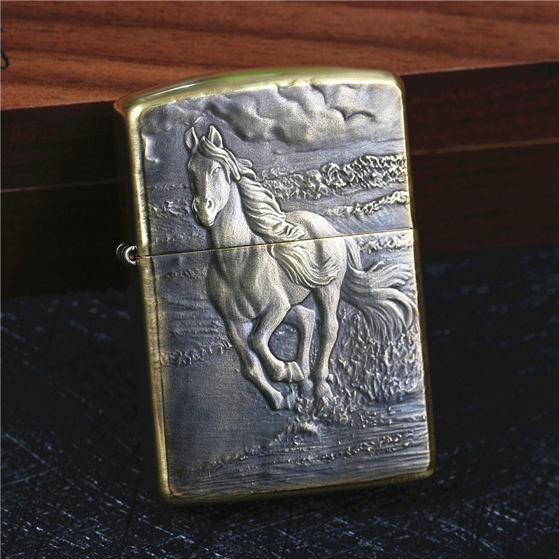 zippo芝宝煤油防风打火机 纯铜盔甲机鬼王双面浮雕刻 马 男士礼物