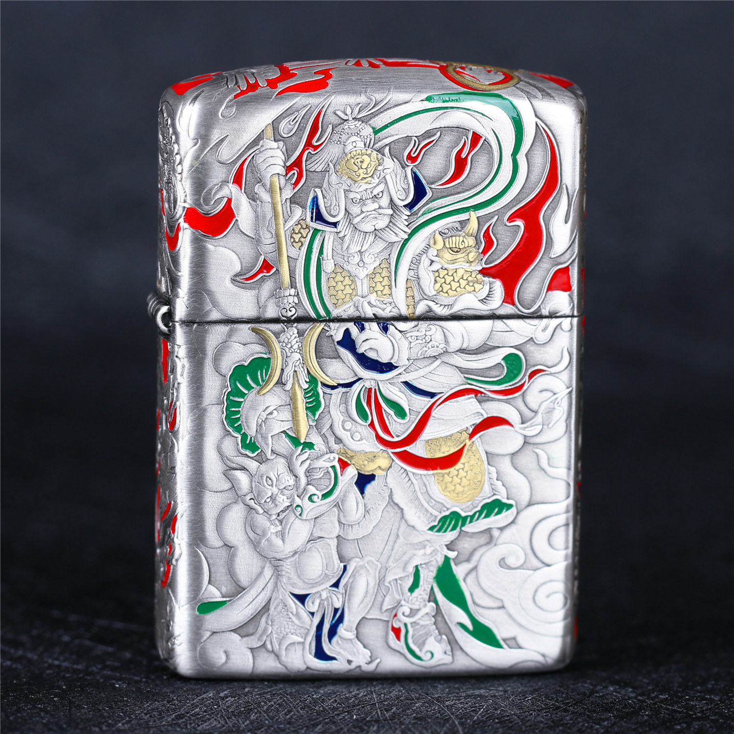 zippo芝宝煤油防风打火机镀银做旧盔甲机浮雕刻填漆门神 男士礼物