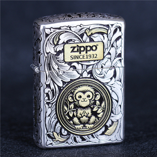 zippo芝宝煤油防风打火机 错金银五面雕刻盔甲机唐草 生肖猴 男士