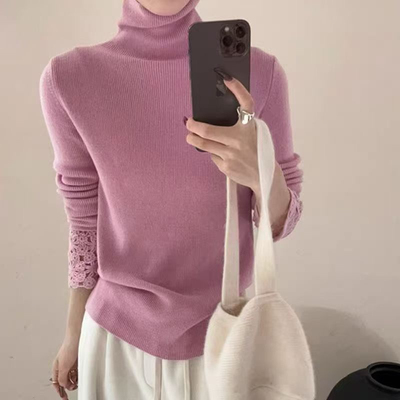 慵懒风高领袖口钩花全羊毛修身打底衫女2024冬季新款针织衫时尚