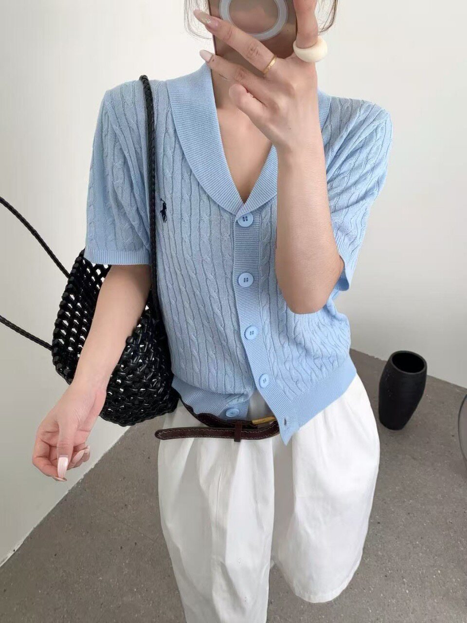 欧洲站2026春小马气质上衣韩版复古麻花刺绣翻领短袖针织开衫亚麻