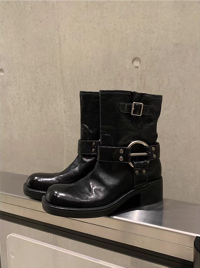 牛皮版~复古金属扣粗跟西部短靴女秋冬新款机车骑士靴长筒显瘦酷