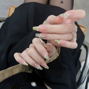 假指甲贴片成品夏日法式 清新绿手绘花花穿戴美甲可拆卸持久光疗甲