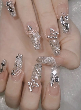 FUYU-NAIL银色亮片爆闪水钻美甲