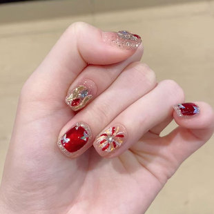 爆闪香槟轻奢追光红色玻璃珠猫眼烟花美甲手工穿戴甲 新年花火