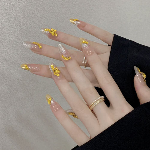 金色钻裸色法式美甲纯手工穿戴甲