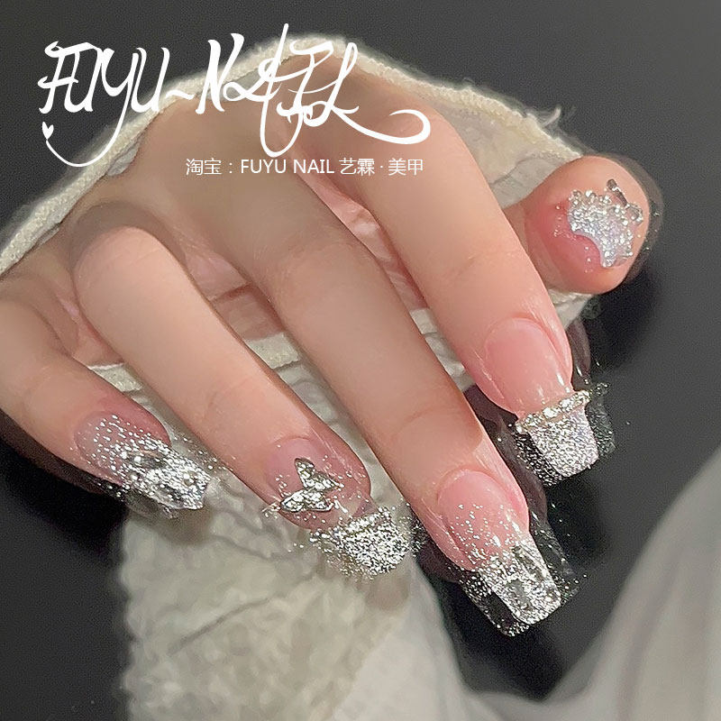 蹦迪爆闪水透碎钻蓝色璀璨星河锆石蝴蝶手工假指甲贴可拆卸穿戴甲