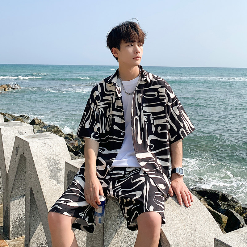 2025夏装新款海滩冰丝短袖衬衫套装A093-TZ087-P58控78白色,男装衬衫,电商A093