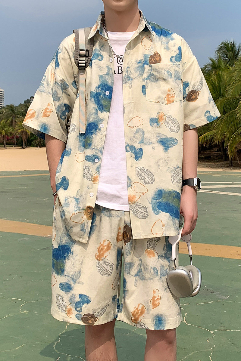 A093-TZ527-P58控78冰丝印花短袖衬衫套装绿色,男装T恤,电商A093