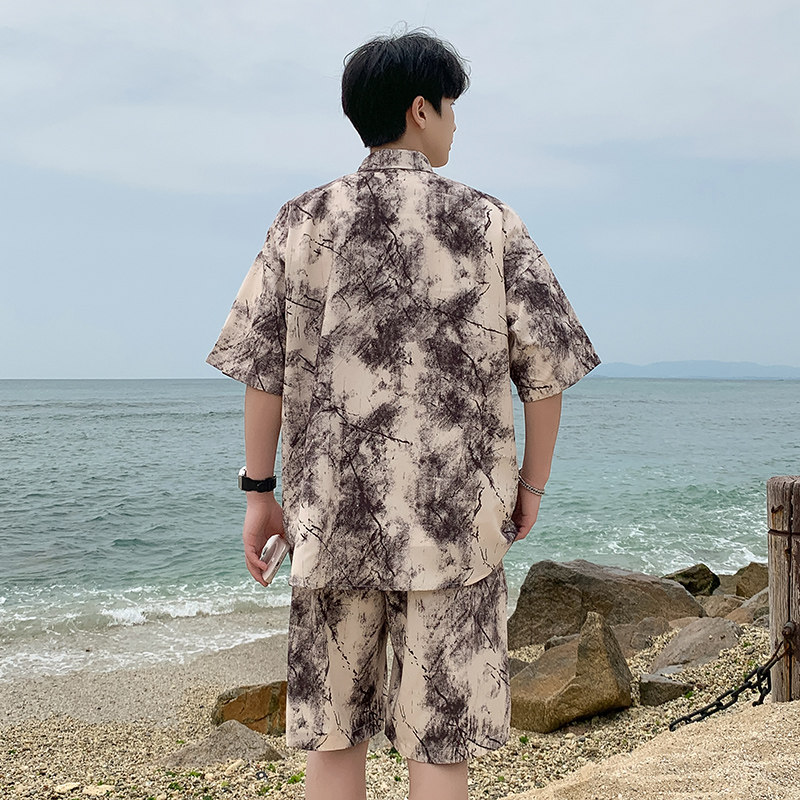 A093-TZ516-P58控78短袖印花衬衫套装燕麦色,男装T恤,电商A093