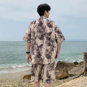 A093-TZ516-P58控78短袖印花衬衫套装燕麦色图片