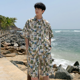 A093-TZ527-P58控78冰丝印花短袖衬衫套装绿色，男装T恤，电商A093