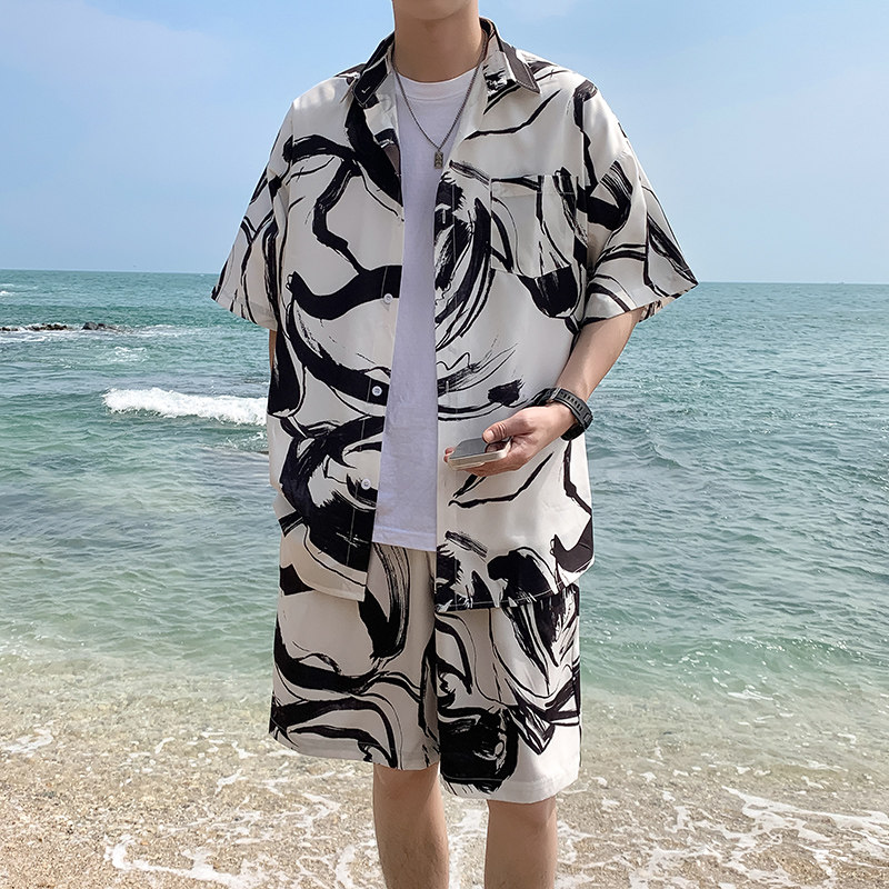 A093-TZ526-P58控78冰丝印花短袖衬衫套装黑色，男装T恤，电商A093