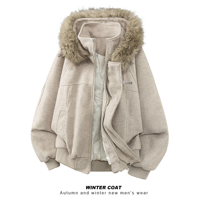现货座山雕大毛领毛呢棉衣外套A093-M970-特P105卡其色，男装棉衣，电商A093