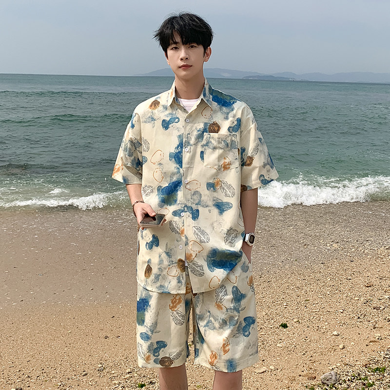 A093-TZ527-P58控78冰丝印花短袖衬衫套装，男装T恤，电商A093
