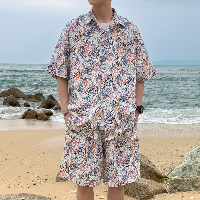 A093-TZ528-P58控78冰丝印花短袖衬衫套装粉绿系，男装T恤，电商A093