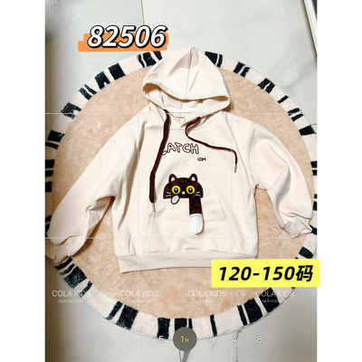 120-150码春款韩系女童中童粉色刺绣小猫连帽卫衣82506