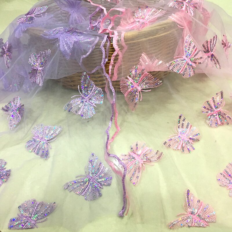 新品网纱蕾丝金亮片蝴蝶波浪花边刺绣服装布料 童装裙摆时装面料