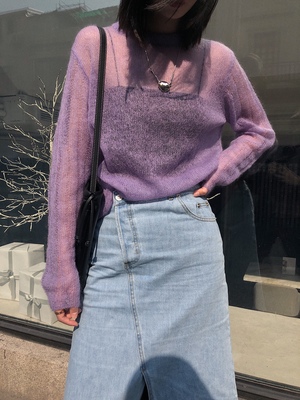 2021新款马海毛毛衣女宽松套头慵懒风紫色薄款镂空羊毛针织衫罩衫