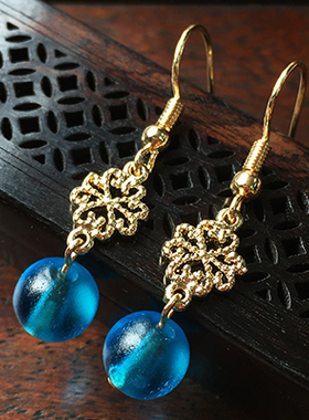 清代官造宫廷御用古法老琉璃 复古湖蓝色耳坠 清宫后妃配饰耳环