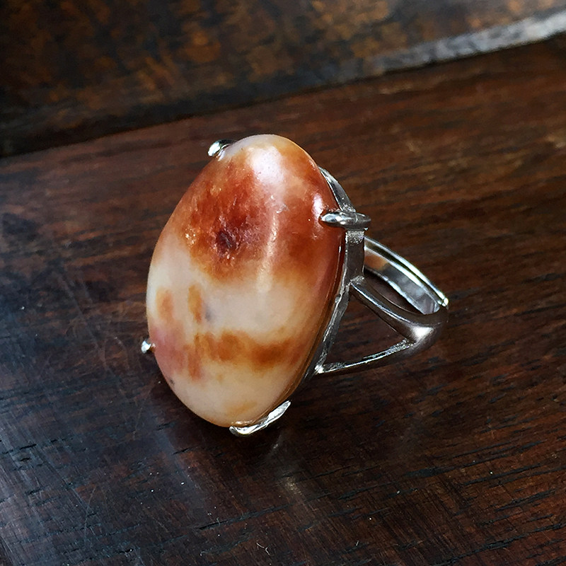 新疆红皮籽料和田玉925纯银镶嵌白玉戒指活口可调节男女款扳指