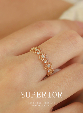 superior珠宝 18k金戒指女个性镂空花环戒围镶嵌天然钻石气质百搭