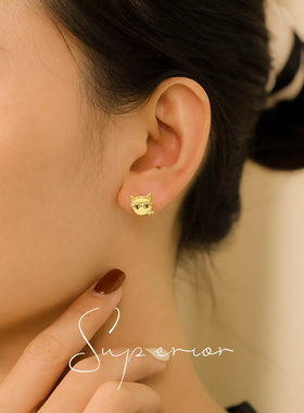 superior珠宝 招财猫耳钉·18K金流苏耳钉女素金耳环轻奢复古耳饰