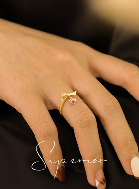 superior珠宝 18k金红宝石爱心戒指蝴蝶结小仙女戒